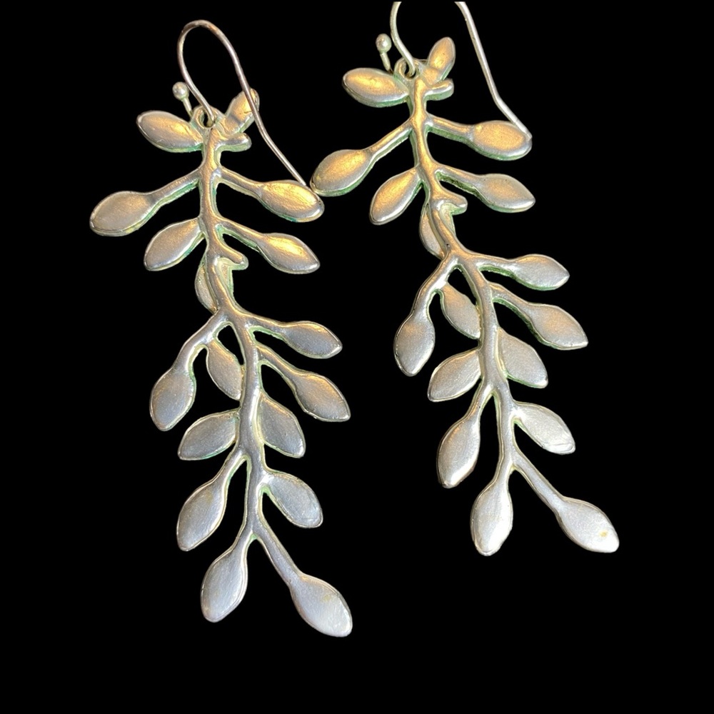 Silver Tone Long Statement Earrings. Leaf, Fern D… - image 3